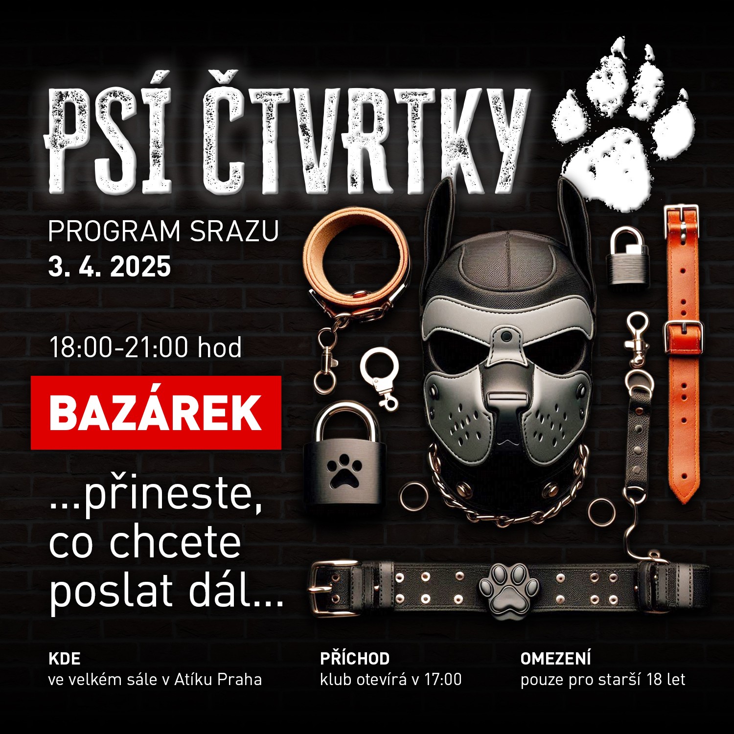 Psí čtvrtek v Ateliéru Praha - pravidelné setkání pejsků. Tentokrát psí bazar - 2025-04-03T18:00 - Klub Ateliér, Praha